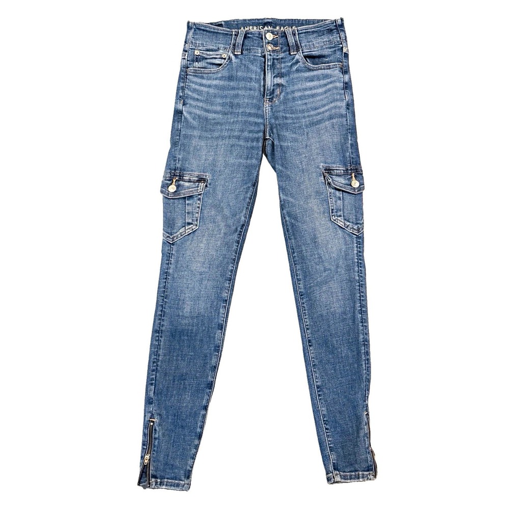American Eagle Womens 2R High Waisted Cargo Jegging Jeans Ankle Zip Blue Stretch
